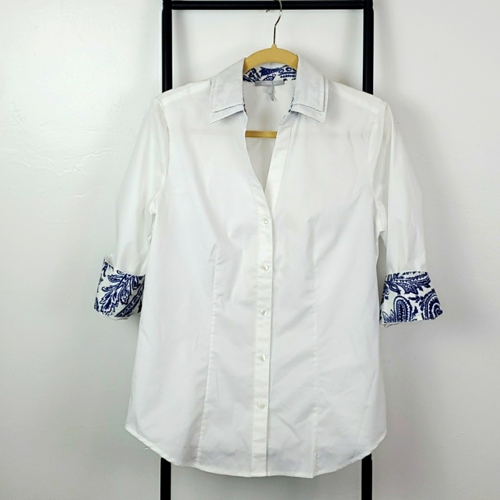 Hinson Wu V Neck Button Front Blouse Cotton Blend Long Sleeve Top Women Size 8